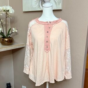 POL Women's Peach Button Down Shirt with Lace Sleeves